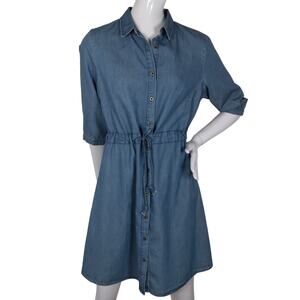 Cirana Shirt Dress Size Small Button Down Solid Blue Chambray 3/4 sleeve